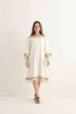 White Boho Midi Dress with Gold Embroidery