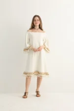 White Boho Midi Dress with Gold Embroidery - Image 2