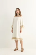 White Boho Midi Dress with Gold Embroidery - Image 9