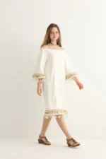 White Boho Midi Dress with Gold Embroidery - Image 8