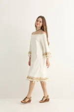 White Boho Midi Dress with Gold Embroidery - Image 7