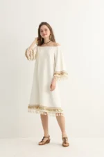 White Boho Midi Dress with Gold Embroidery - Image 5