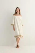 White Boho Midi Dress with Gold Embroidery - Image 4