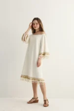 White Boho Midi Dress with Gold Embroidery - Image 3